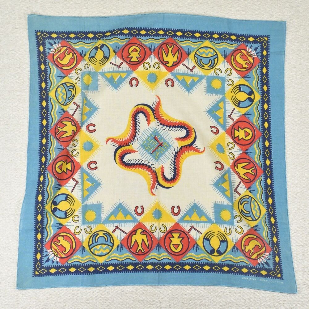 Vintage 80s Bandana Southwestern Tribal Native Print Light Blue 20.5x21 Cotton